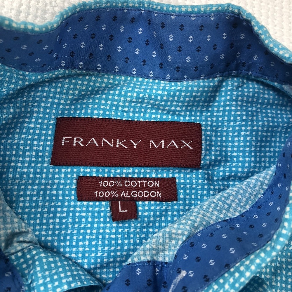 Franky Max Mens Shirt L  Blue Plaid Long Sleeve Button Up Cotton Flip cuff - Picture 3 of 5